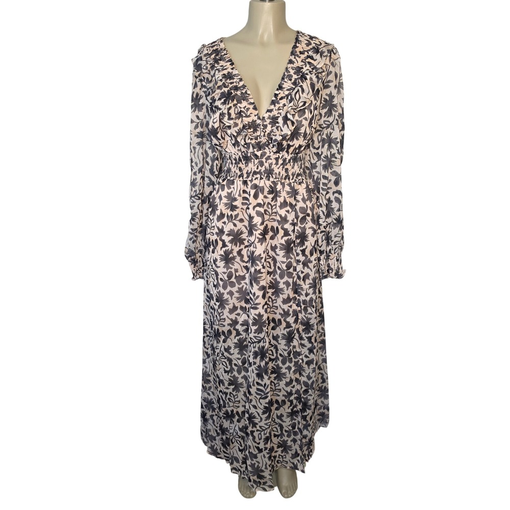 EYWOL Maxi Dress Women 3XL Beige Black Floral Ruffle V-Neck Metallic Smocked NEW